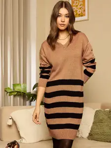 Berrylush Women Striped V-Neck Longline Pullover Sweater
