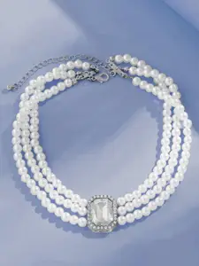 Peora Silver-Plated Stone Studded & Pearls Beaded Choker Necklace