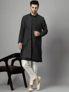 Utsav Fashion Mandarin Collar Dupion Silk Straight Kurta With Trousers & Long Jacket