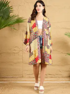 Berrylush Women Floral Print V-Neck Longline Open Front Shrug