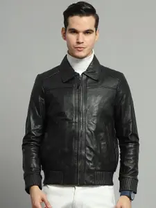 Monte Carlo Men Spread Collar Solid Casual Leather Jacket