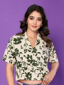 vj fashion Women Cuban Collar Floral Printed Relaxed Fit Casual Shirt