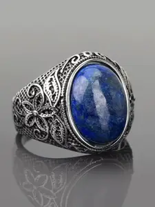 Peora Men Silver-Plated Stainless Steel Stone Studded Finger Ring