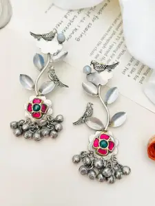 ABDESIGNS German Silver-Plated Stone Studded Floral Drop Earrings