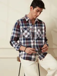 WROGN Men Comfort Spread Collar Tartan Checked Cotton Relaxed Fit Casual Shirt