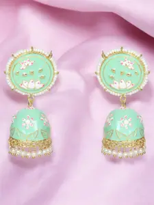 Nilu's Collection Brass-Plated Pearls Beaded Dome Shaped Lotus engraved Meenakari Jhumkas