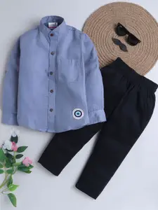 BAATCHEET Boys Evil Eye Printed Mandarin Collar Pure Cotton Shirt With Trousers