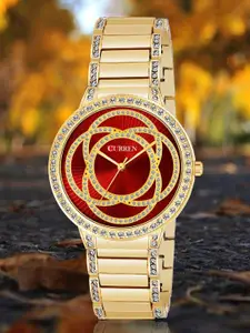 Curren Women Embellished Dial & Stainless Steel Straps Analogue Watch CR-3480-Gold-Red