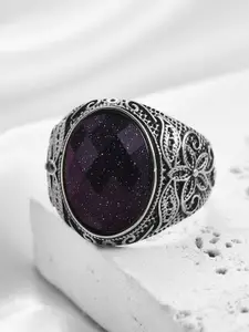 Peora Men Silver-Plated Stainless Steel Stones-Studded Finger Ring