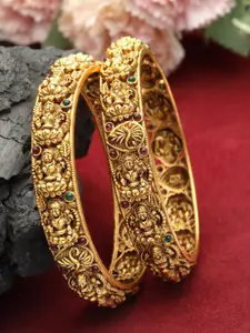 PANASH Set Of 2 24 CT Gold-Plated AD-Studded Antique Bangles
