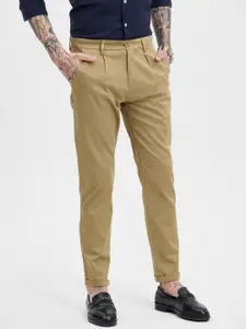 Snitch Men Khaki Plain Slim Fit Trousers