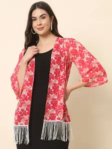 BAESD Floral Printed Fringes Tasselled Open Front Shrug