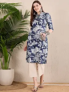 Anouk Pure Cotton Floral Printed Mandarin Collar Straight Kurta