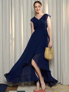 Berrylush Women V-Neck A-Line Maxi Dress With Ruffles Detail