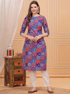 NEW4U Ethnic Motifs Printed Round Neck Straight Cotton Kurta
