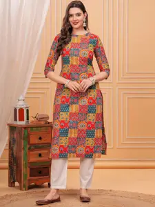 NEW4U Ethnic Motifs Printed Round Neck Straight Cotton Kurta