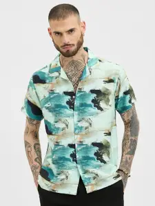 Snitch Men Relaxed Cuban Collar Abstract Printed Casual Shirt
