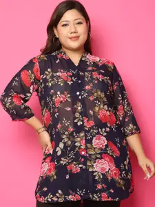 theRebelinme Women Plus Size Relaxed Collarless Floral Printed Oversized Casual Shirt