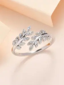 Ornate Jewels Sterling Silver AD -Studded Rhodium-Plated Leafy Finger Ring