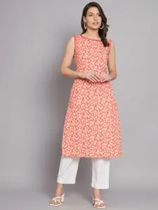 KALINI Round Neck Floral Printed Straight Cotton Kurta
