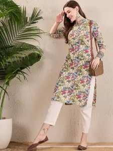 Anouk Floral Printed Mandarin Collar Pure Cotton Straight Kurta