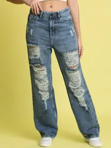 Bene Kleed Women Straight Fit High-Rise Highly Distressed Light Fade Jeans