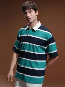 HIGHLANDER Men Striped Polo Collar Oversized T-shirt