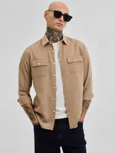 Snitch Men Relaxed Spread Collar Solid Linen Casual Shirt