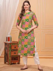 NEW4U Round Neck Geometric Printed Straight Cotton Kurta