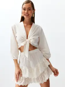 Trendyol Self Design Flared Pure Cotton Above Knee Length Skirt