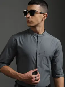 HIGHLANDER Men Band Collar Solid Slim Fit Casual Shirt