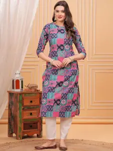 NEW4U Round Neck Geometric Printed Straight Cotton Kurta