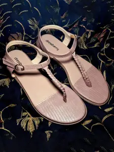 DressBerry Women Textured T-Strap Flats with Buckles