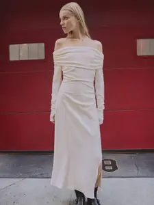 MANGO Ruched Bardot Midi Dress with Slit