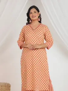 Aramya Floral Printed V-Neck Pure Cotton Straight Kurta