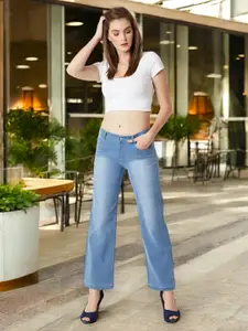 DressBerry Women Wide Leg Light Fade Stretchable Jeans