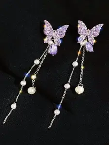 Celestique Gold-Plated Crystals Studded Contemporary Drop Earrings