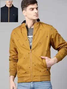 Roadster Men Mustard Yellow & Navy Blue Conversational Printed Reversible Sustainable Bomber