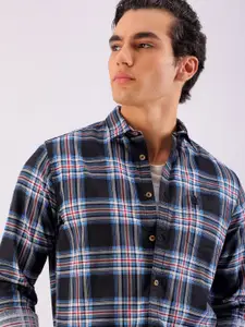 The Indian Garage Co Men Black & Grey Checked Pure Cotton Casual Shirt