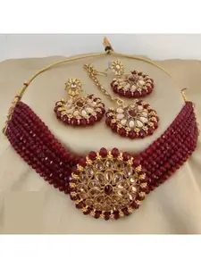 JMBW INTERNATIONAL Beaded Layered Choker & Earrings with Maang Tika