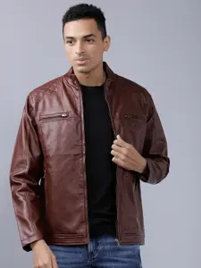 HIGHLANDER Men Burgundy Solid Leather Jacket