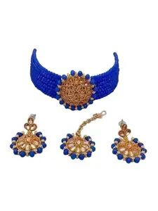 JMBW INTERNATIONAL Set Of 2 Gold Plated Beaded Necklace and Earrings With Maang Tika