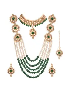JMBW INTERNATIONAL Gold-Plated Beaded Necklace with Earrings & Maang Tika