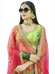 MANVAA Green & Pink Embroidered Thread Work Semi-Stitched Lehenga & Unstitched Blouse With Dupatta