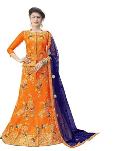 MANVAA Orange & Blue Embroidered Thread Work Semi-Stitched Lehenga & Unstitched Blouse With Dupatta