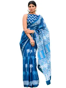 JALTHER Blue & White Floral Pure Cotton Block Print Saree