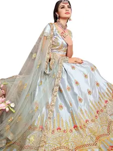 MANVAA Grey & Red Embroidered Semi-Stitched Lehenga & Unstitched Blouse With Dupatta
