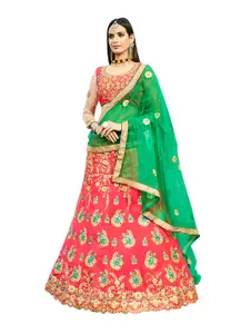 MANVAA Pink & Green Embroidered Thread Work Semi-Stitched Lehenga & Unstitched Blouse With Dupatta
