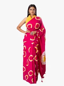 KIAARON Pink & Yellow Ombre Pure Cotton Block Print Saree
