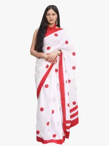 KIAARON Polka Dot Pure Cotton Block Print Saree